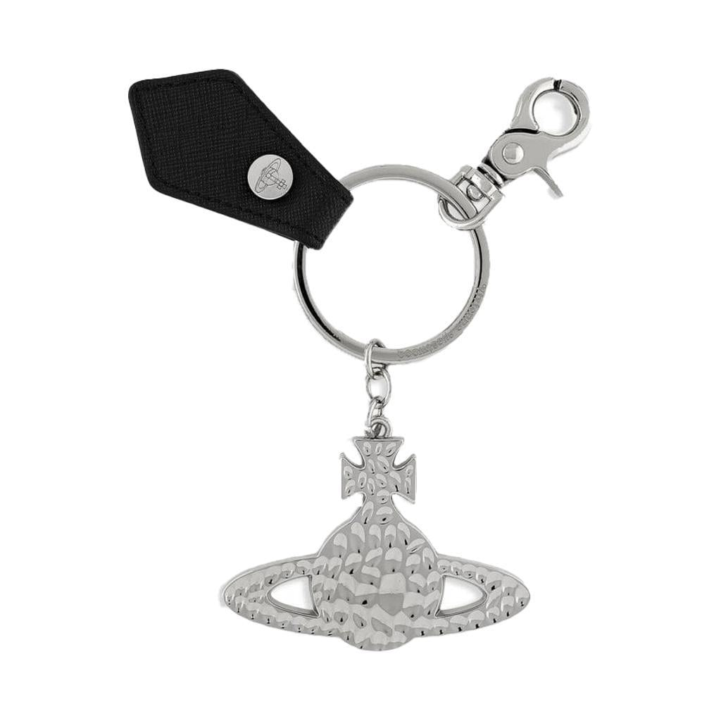 Vivienne Westwood Hammered Orb Silver Keyring in Black Pu Grain