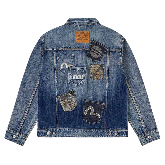 Evisu Ht, Multi-Pocket Denim Jacket W/ Brocade Patch