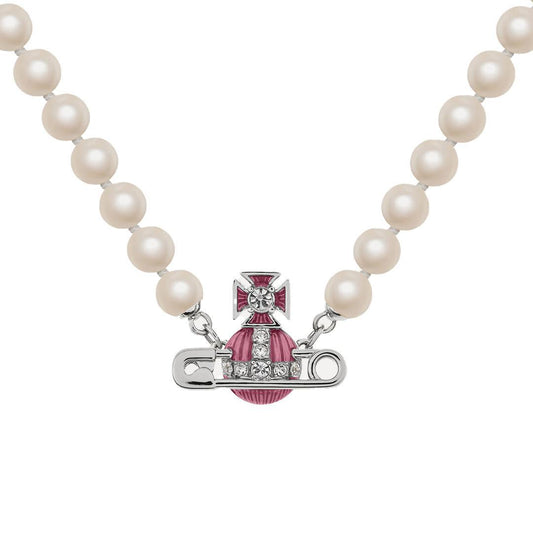 Vivienne Westwood Kitty Pearl Necklace in Platinum / White Crystal