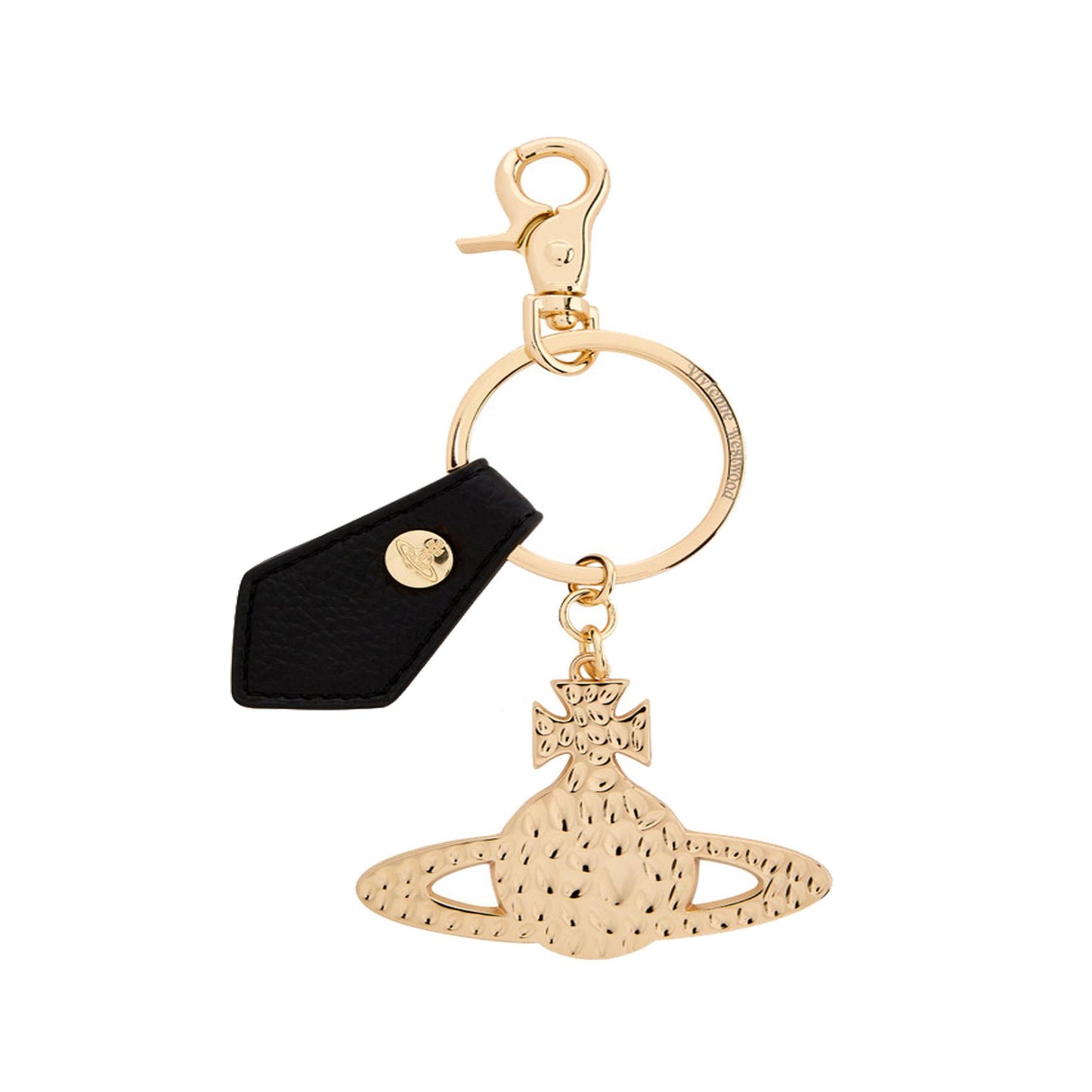 Vivienne Westwood Hammered Orb Light Gold Keyring in Black Pu Grain
