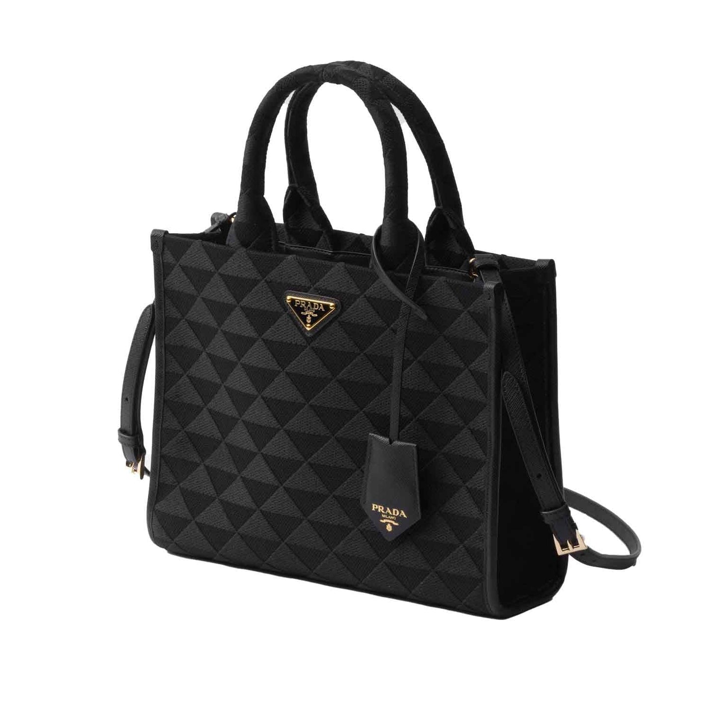 Prada Symbole Medium Embroidered Fabric Bag in Black