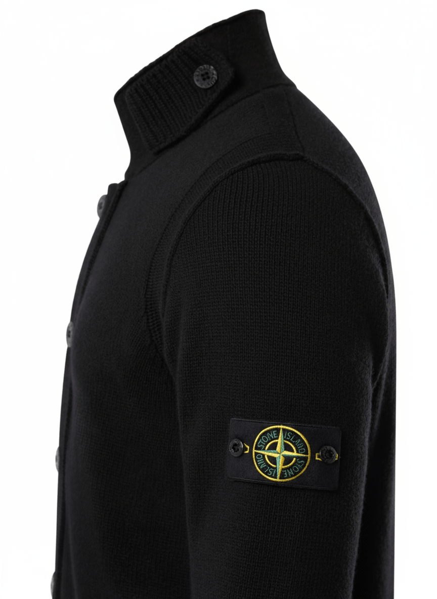Stone Island Lambswool Button - Up Knit with Felt Trims in BlackKnitwearStone IslandDPUS Designer Outlet8053813454661SStone Island Lambswool Button - Up Knit with Felt Trims in Black