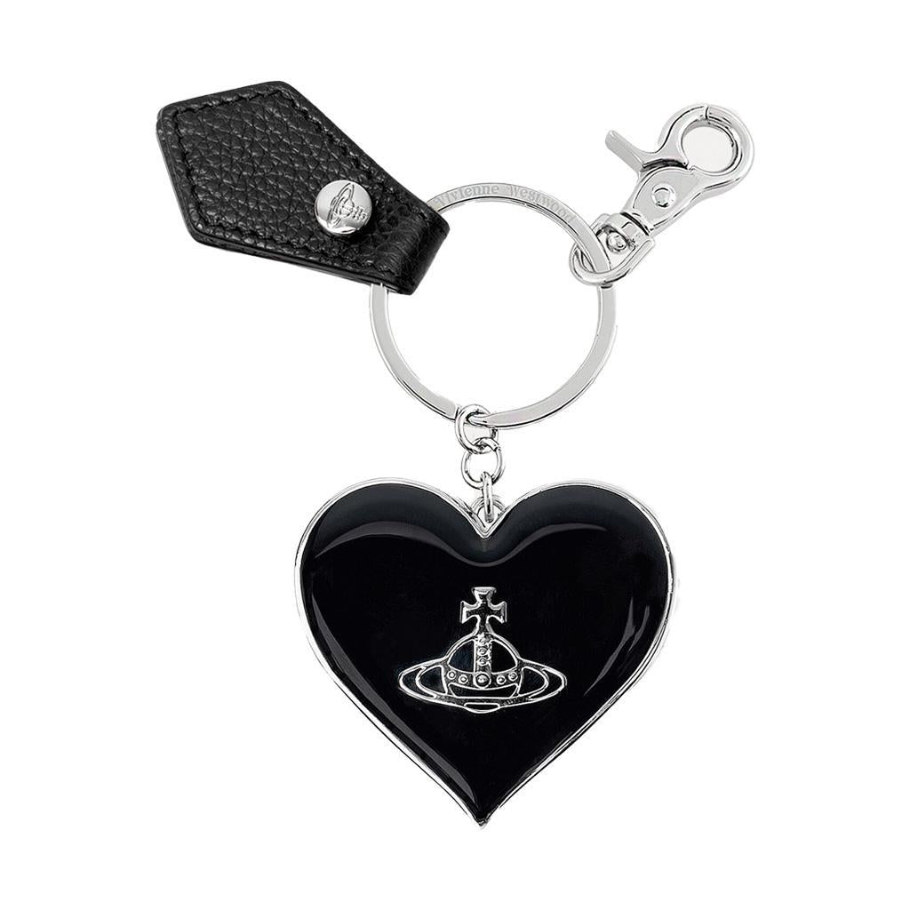 Vivienne Westwood Mirror Heart Orb Keyring in Black Pu Grain