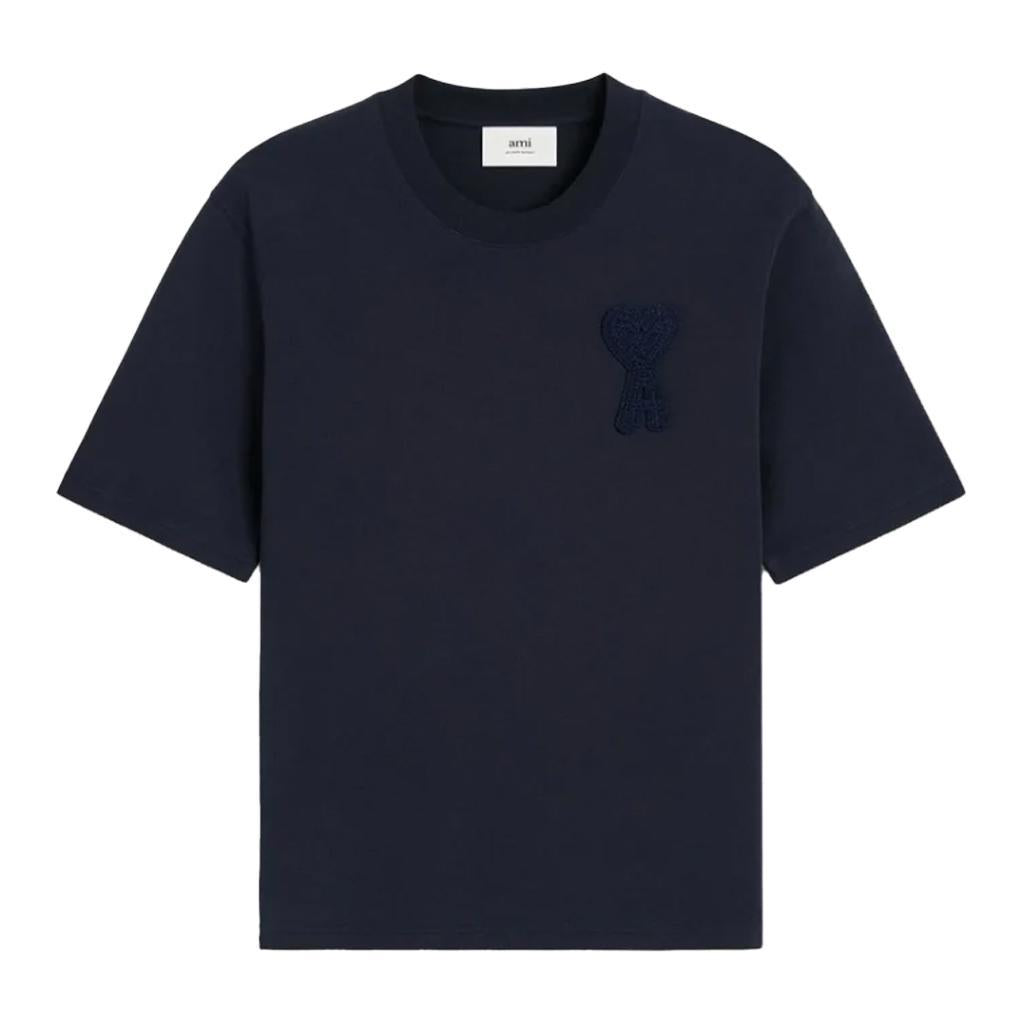 Ami Paris Tonal Patch Heart T-Shirt in Navy Blue