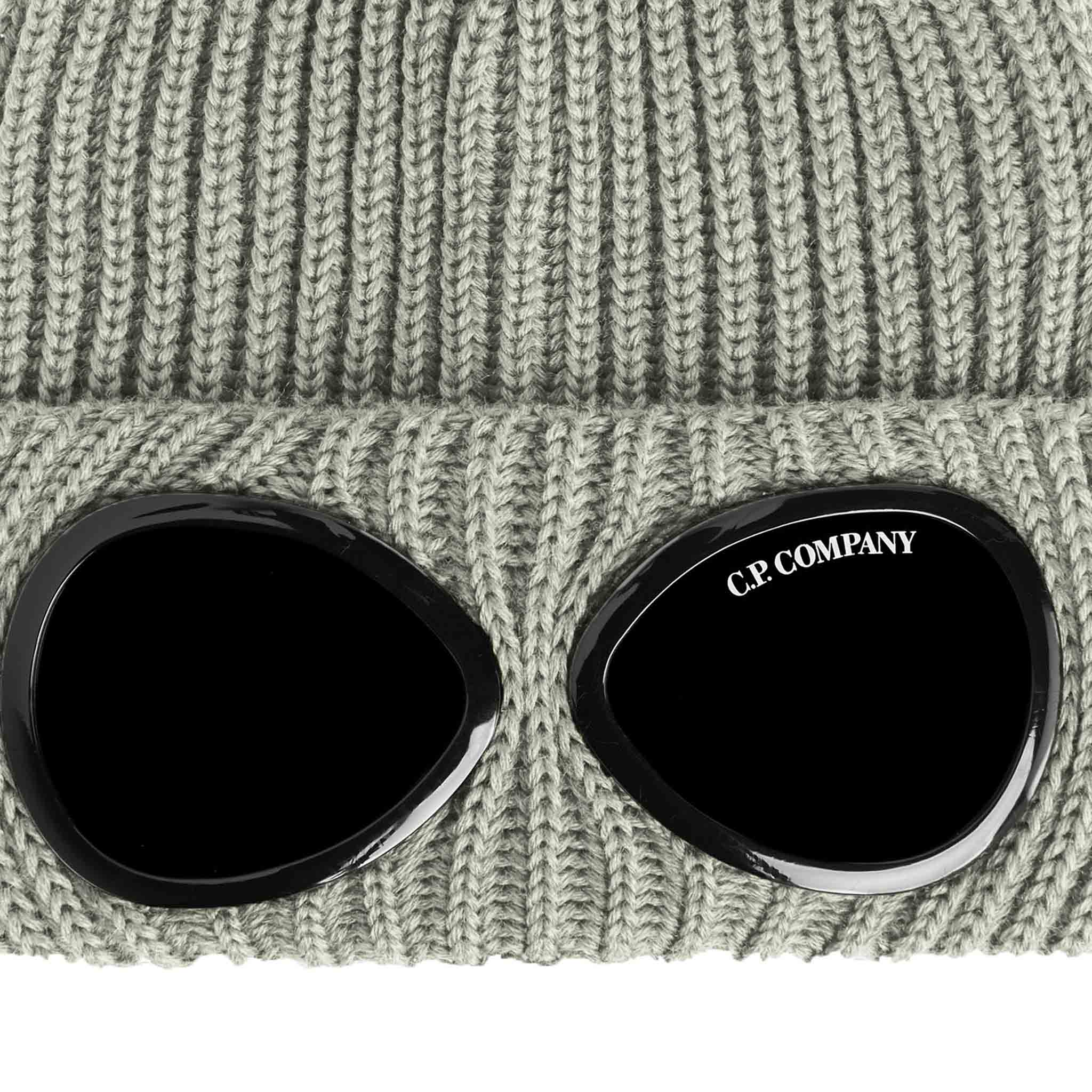 C.P. Company Extra Fine Merino Wool Goggle Beanie in Silver Sage- Brown