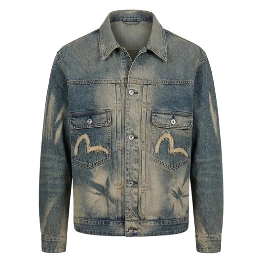 Evisu Ht, Abstract Washing Denim Jacket With Seagull Emb.