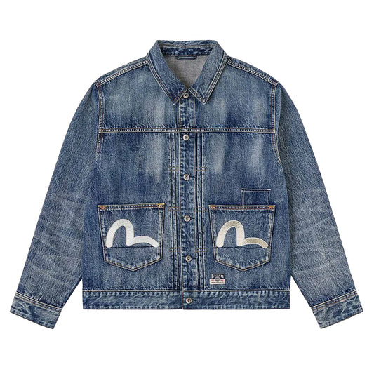 Evisu Ht, Multi-Pocket Denim Jacket W/ Brocade Patch