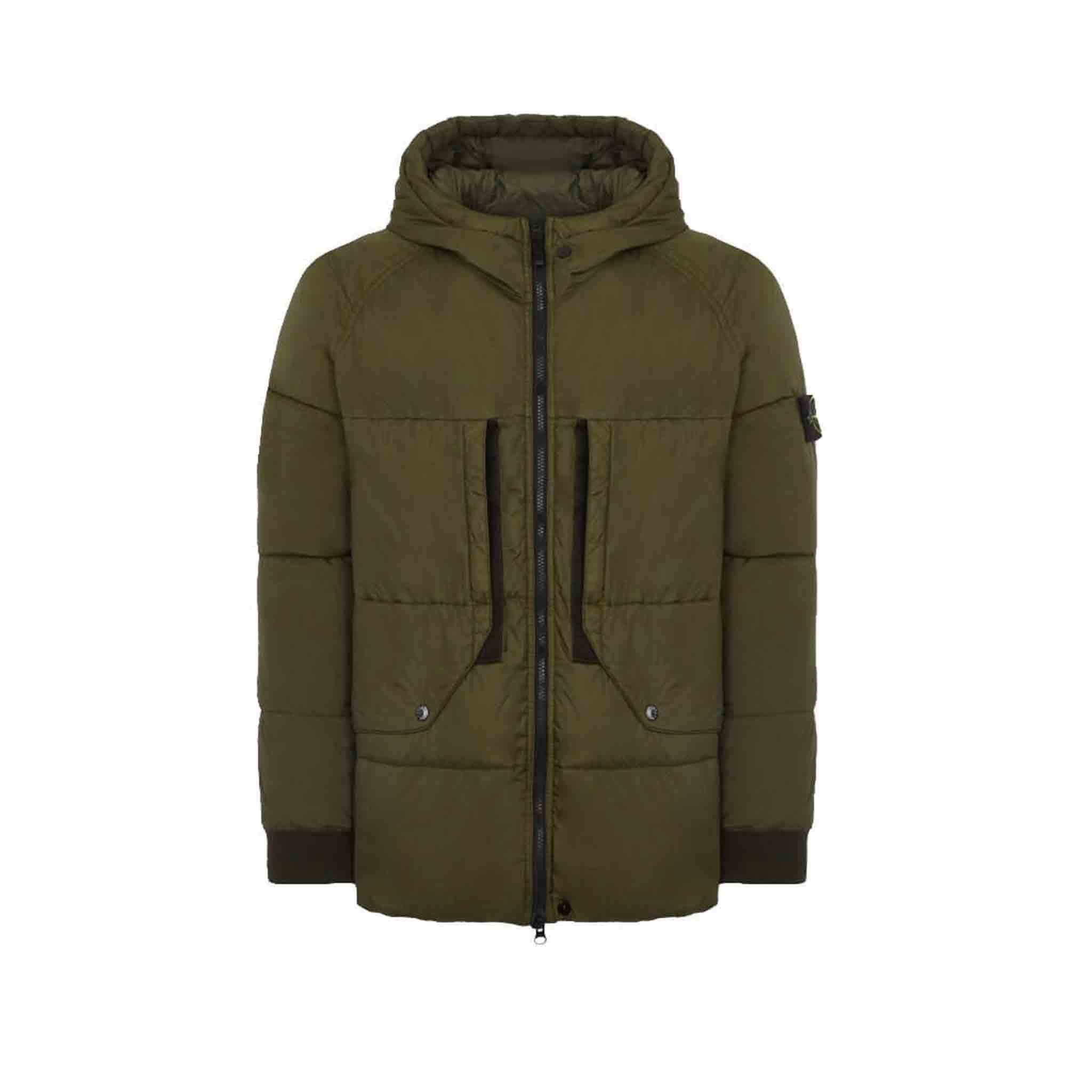 Stone Island Garment Dyed Crinkle Reps Quilted Down Jacket in Olive Green
