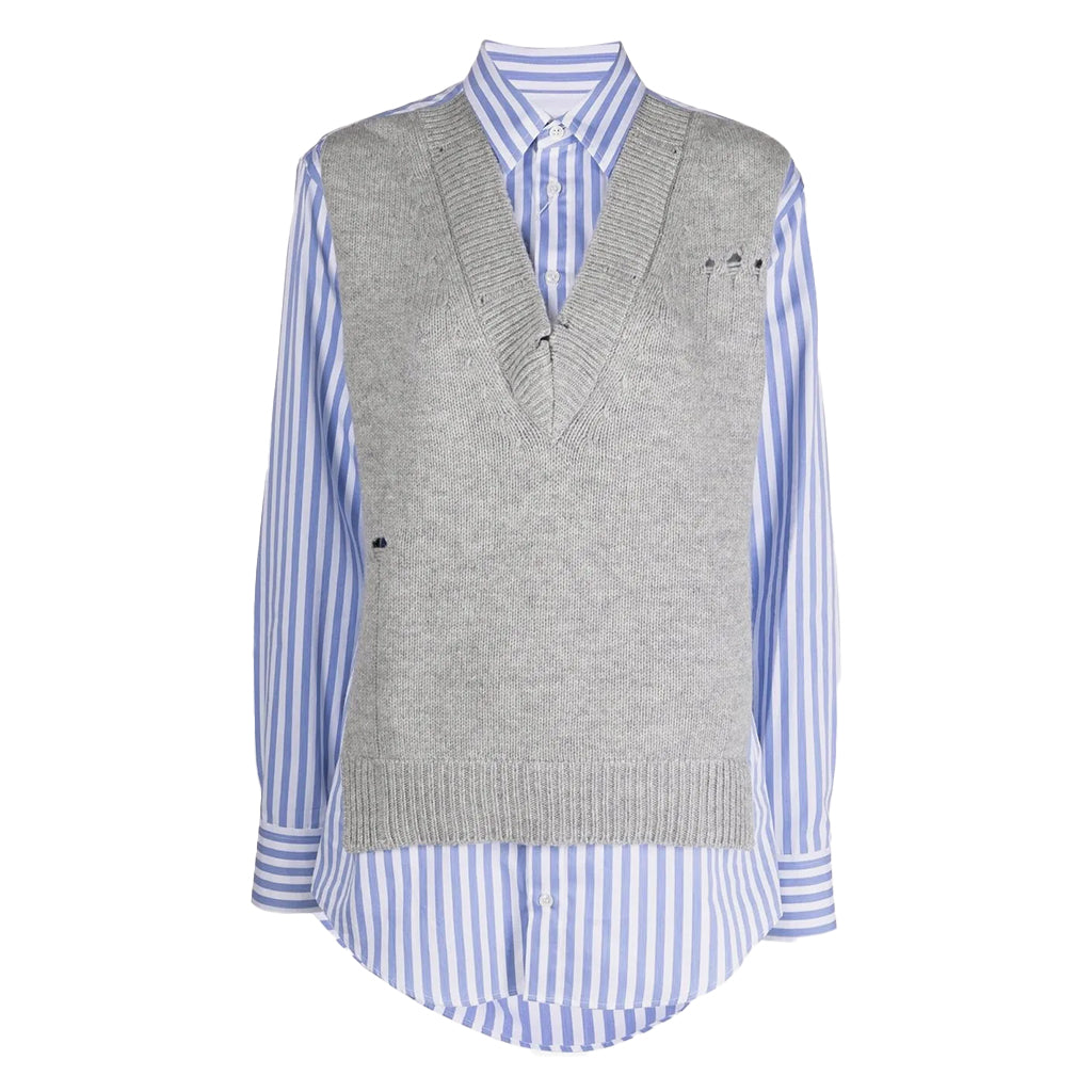 Maison Margiela Distressed Knitted Vest Layered Stripe Shirt