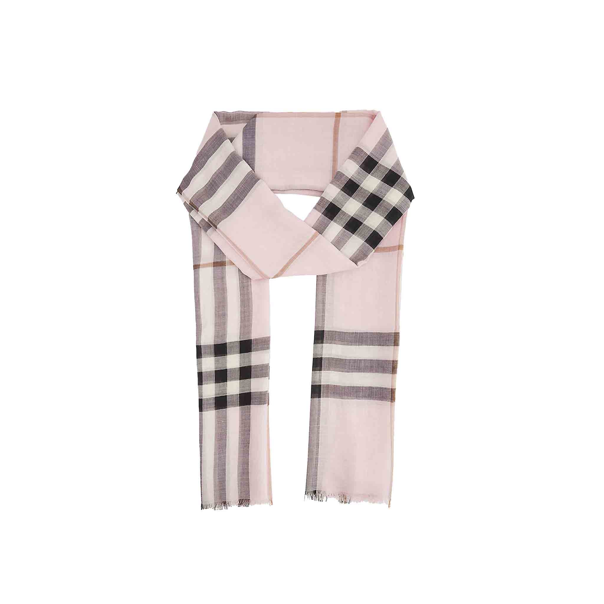 Burberry Check Lightweight Wool Silk Scarf in Pale Candy Pink