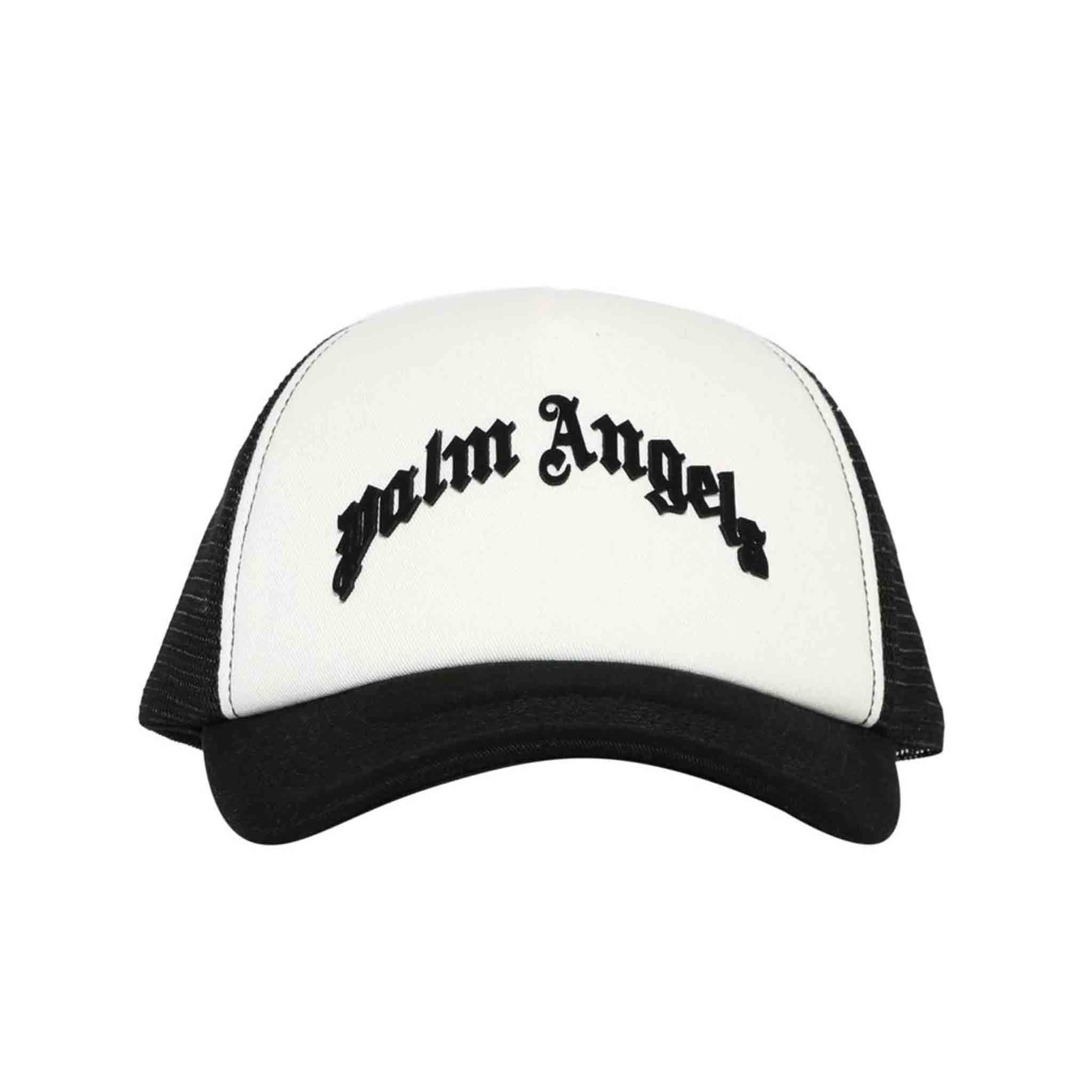 Palm Angels Curved Logo Trucker Cap in Black/White