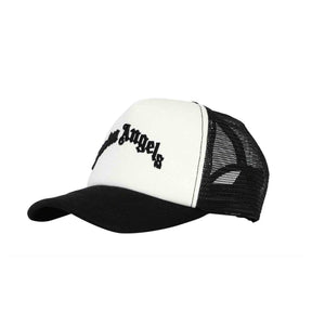 Palm Angels Curved Logo Trucker Cap in Black/White