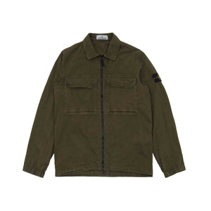 Stone Island Garment Dyed "Old" Treatment Cotton Overshirt in Olive Green