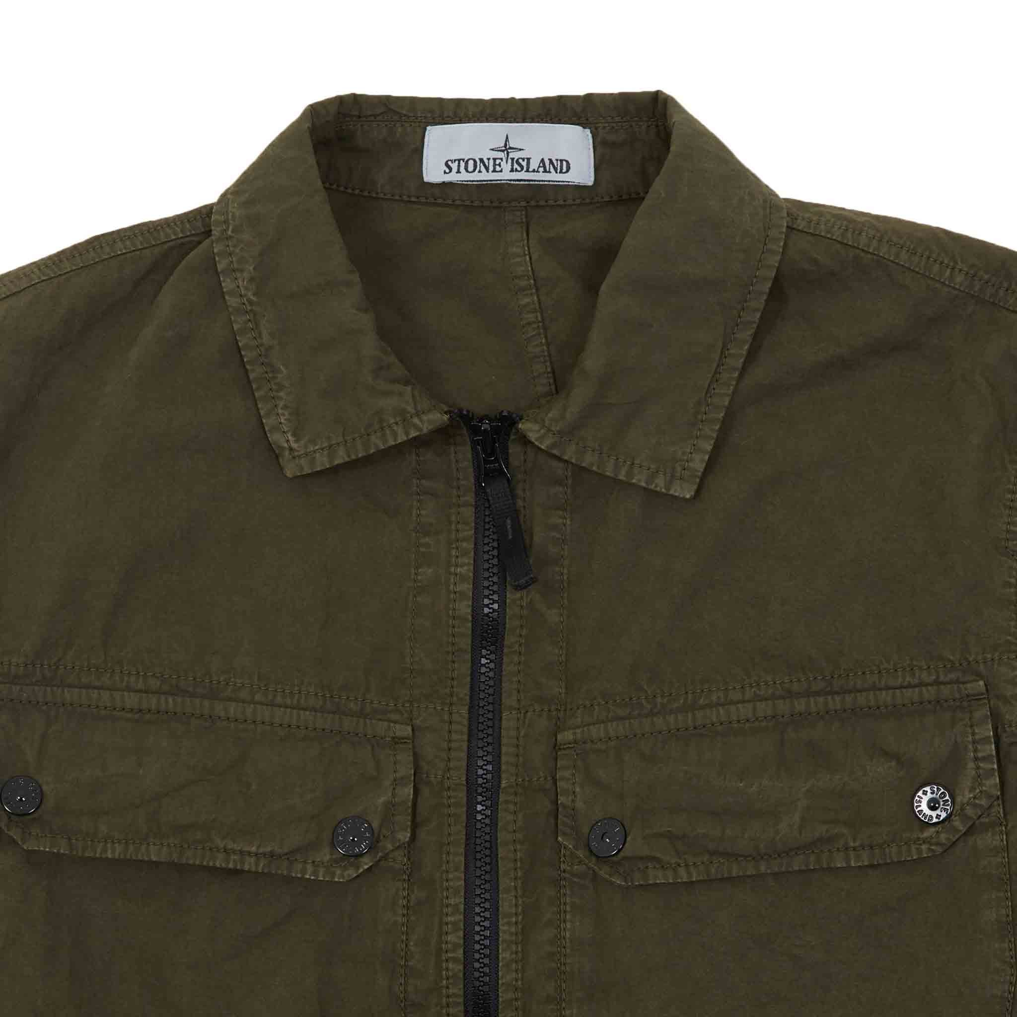 Stone Island Garment Dyed "Old" Treatment Cotton Overshirt in Olive Green