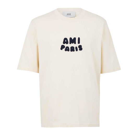 Ami Paris Crochet Logo T-Shirt in White Cream