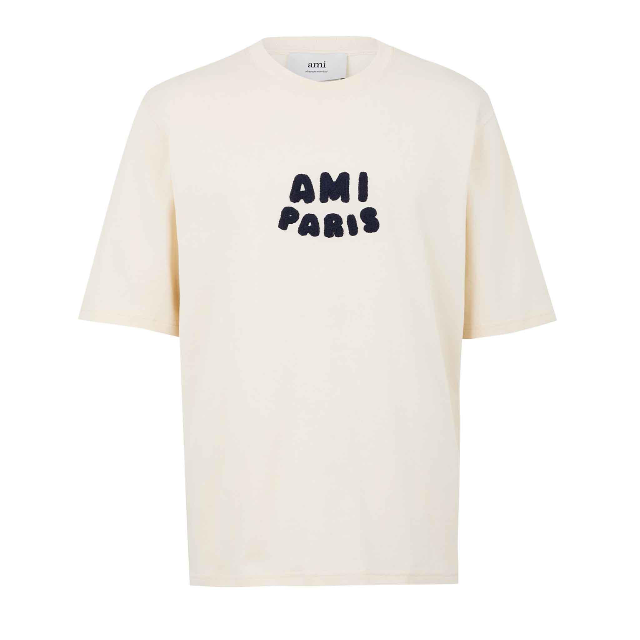 Ami Paris Crochet Logo T-Shirt in White Cream