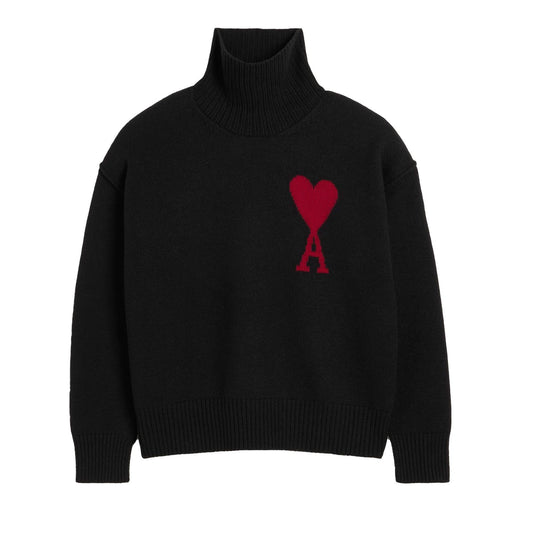 Ami Paris Large Heart Funnel Neck Knit Sweater in Black/Red
