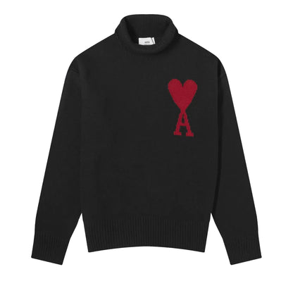 Ami Paris Large Heart Funnel Neck Knit Sweater in Black/Red
