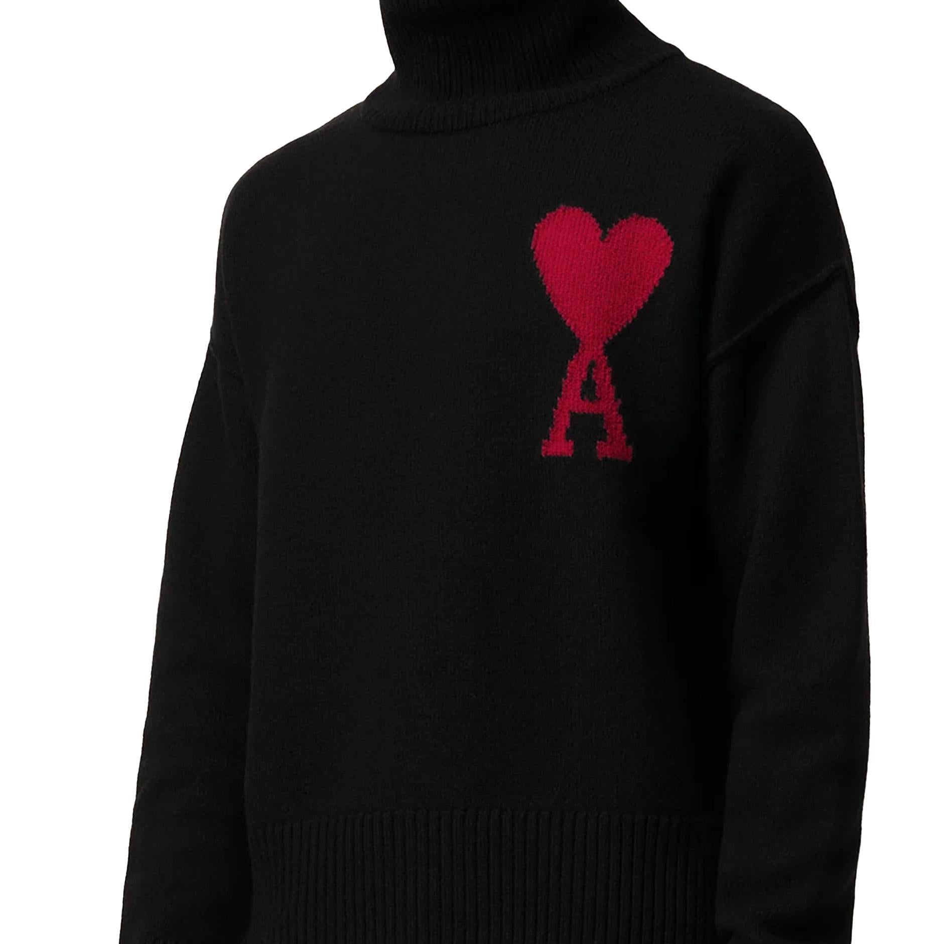 Ami Paris Large Heart Funnel Neck Knit Sweater in Black/Red