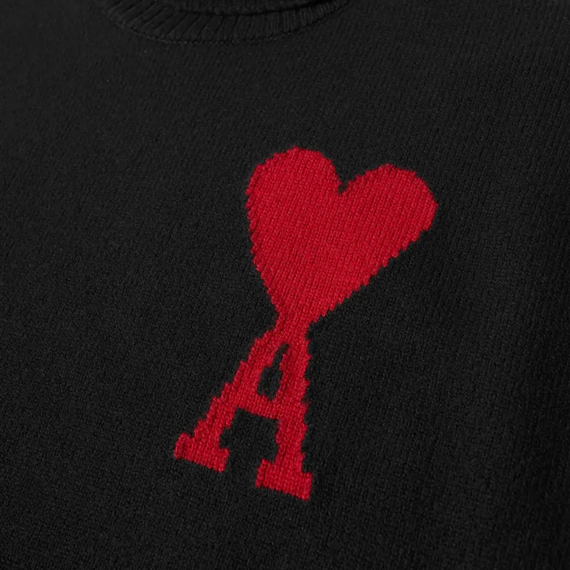 Ami Paris Large Heart Funnel Neck Knit Sweater in Black/Red