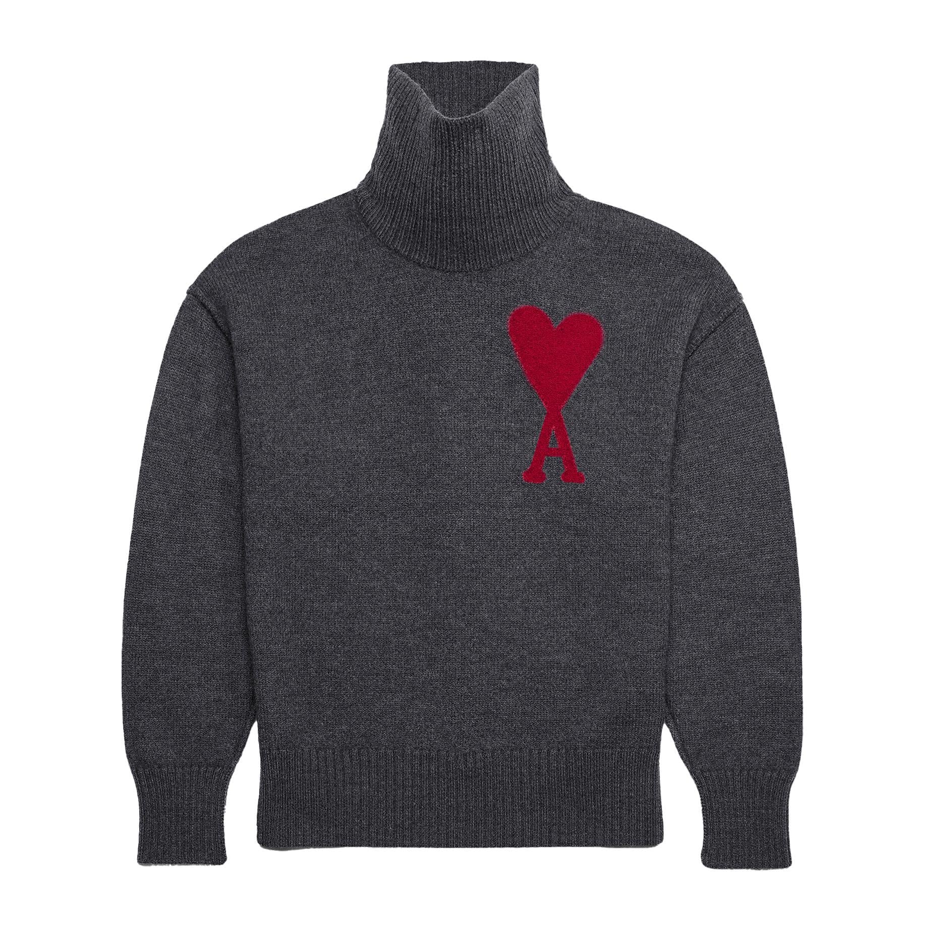 Ami Paris Large Heart Funnel Neck Knit Sweater in Heather Grey