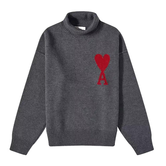Ami Paris Large Heart Funnel Neck Knit Sweater in Heather Grey