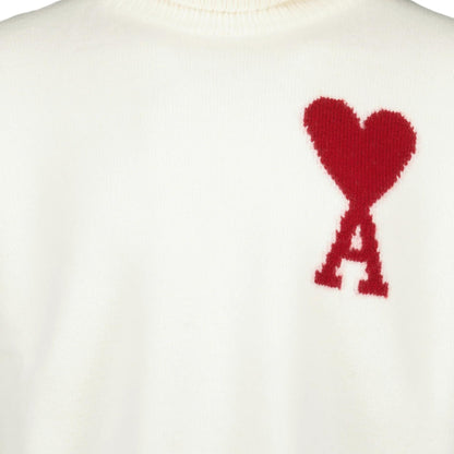 Ami Paris Large Heart Funnel Neck Knit Sweater in Off White/Red