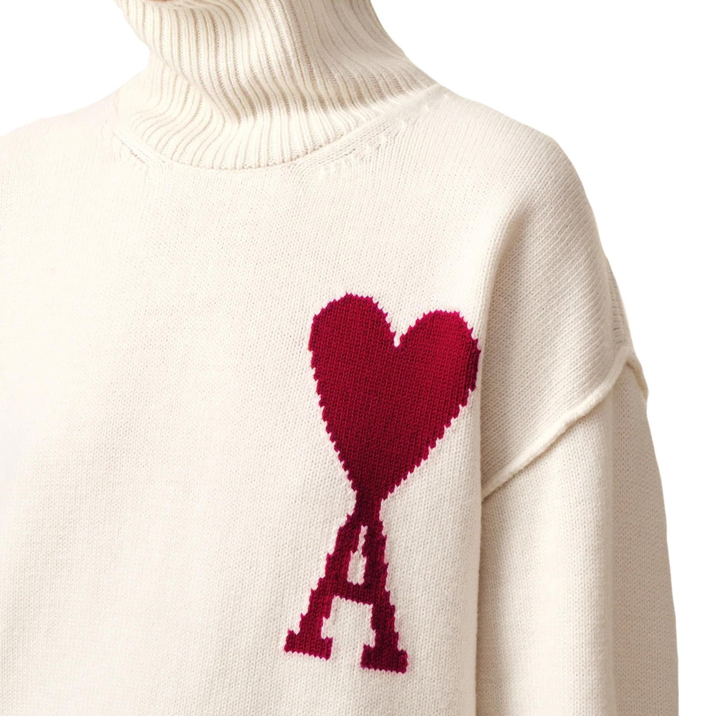 Ami Paris Large Heart Funnel Neck Knit Sweater in Off White/Red
