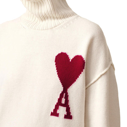 Ami Paris Large Heart Funnel Neck Knit Sweater in Off White/Red