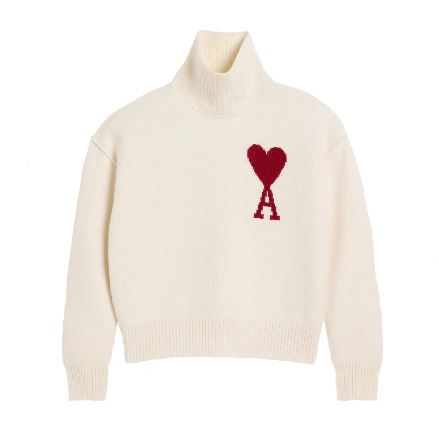 Ami Paris Large Heart Funnel Neck Knit Sweater in Off White/Red