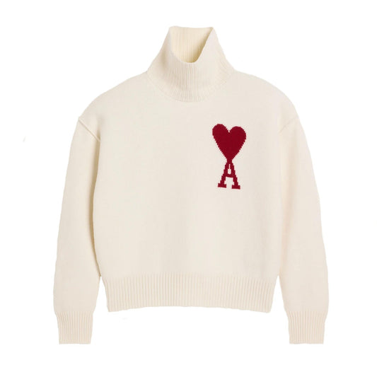 Ami Paris Large Heart Funnel Neck Knit Sweater in Off White/Red