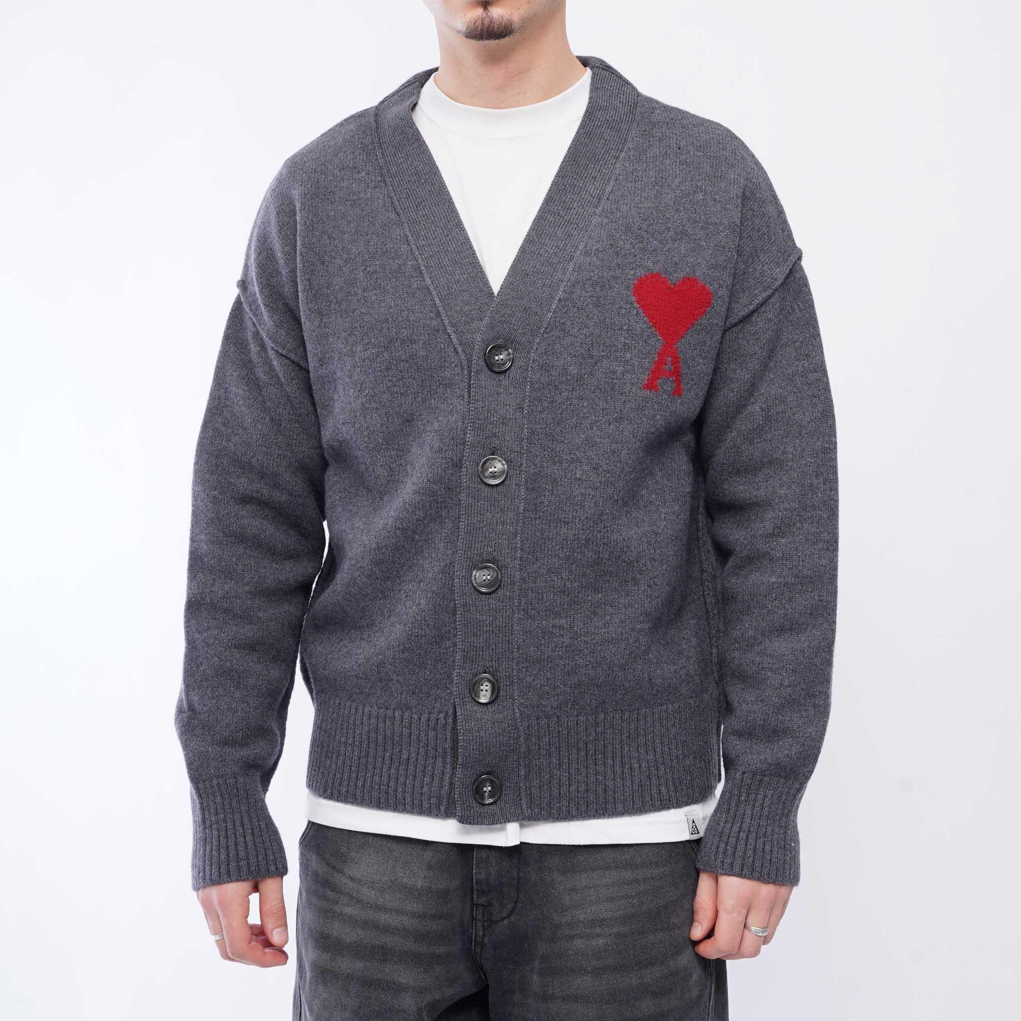 [Ami Paris] Large Heart Knit Cardigan in Heather Grey/RedKnitwearAmi ParisDPUS Designer Outlet3666598642335XXS[Ami Paris] Large Heart Knit Cardigan in Heather Grey/Red