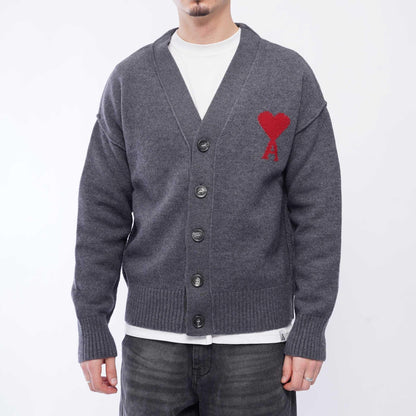 [Ami Paris] Large Heart Knit Cardigan in Heather Grey/RedKnitwearAmi ParisDPUS Designer Outlet3666598642335XXS[Ami Paris] Large Heart Knit Cardigan in Heather Grey/Red