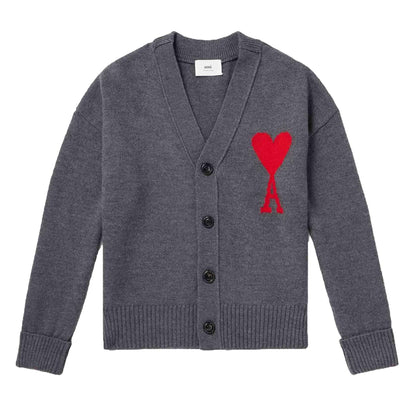 Ami Paris Large Heart Knit Cardigan in Heather Grey/Red