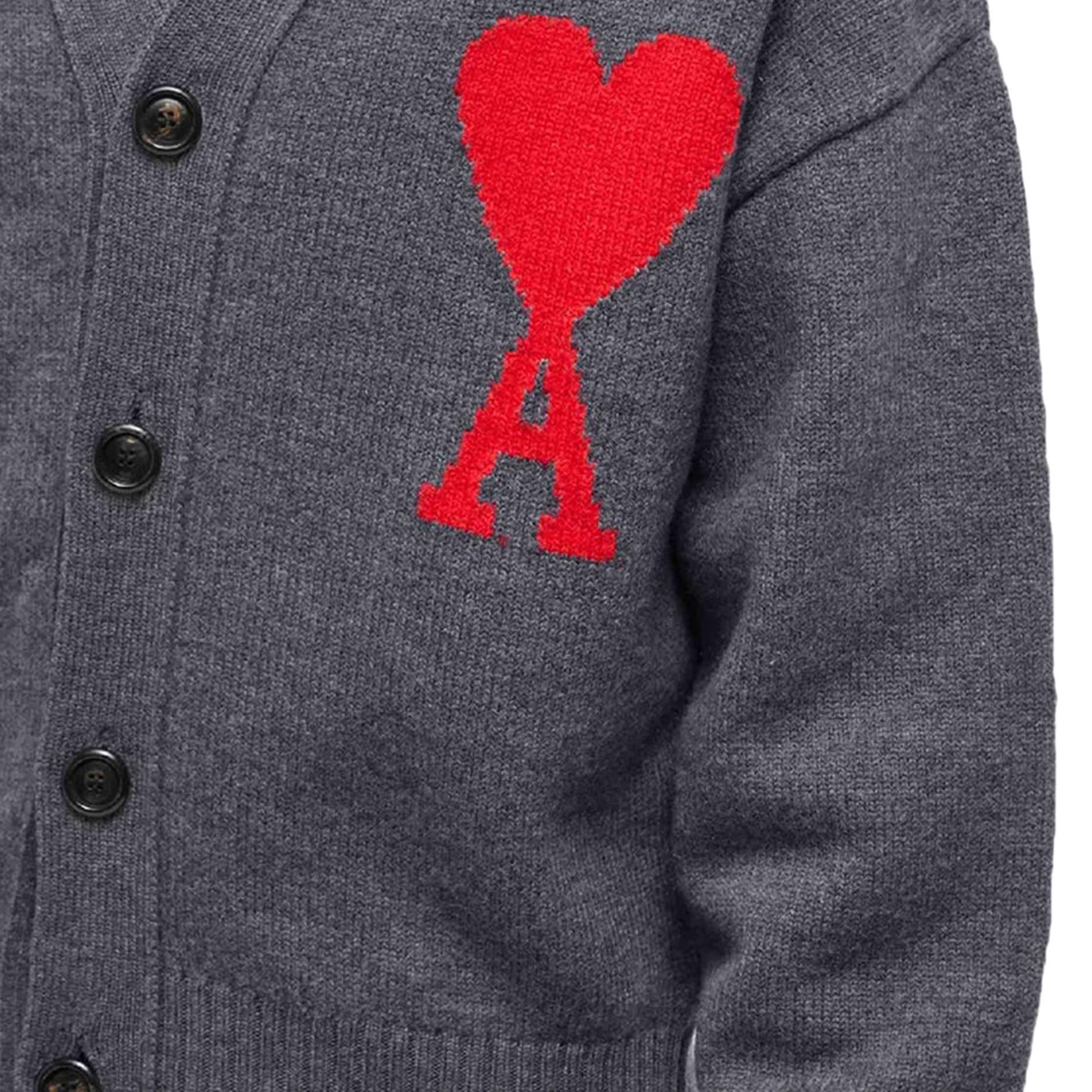 Ami Paris Large Heart Knit Cardigan in Heather Grey/Red