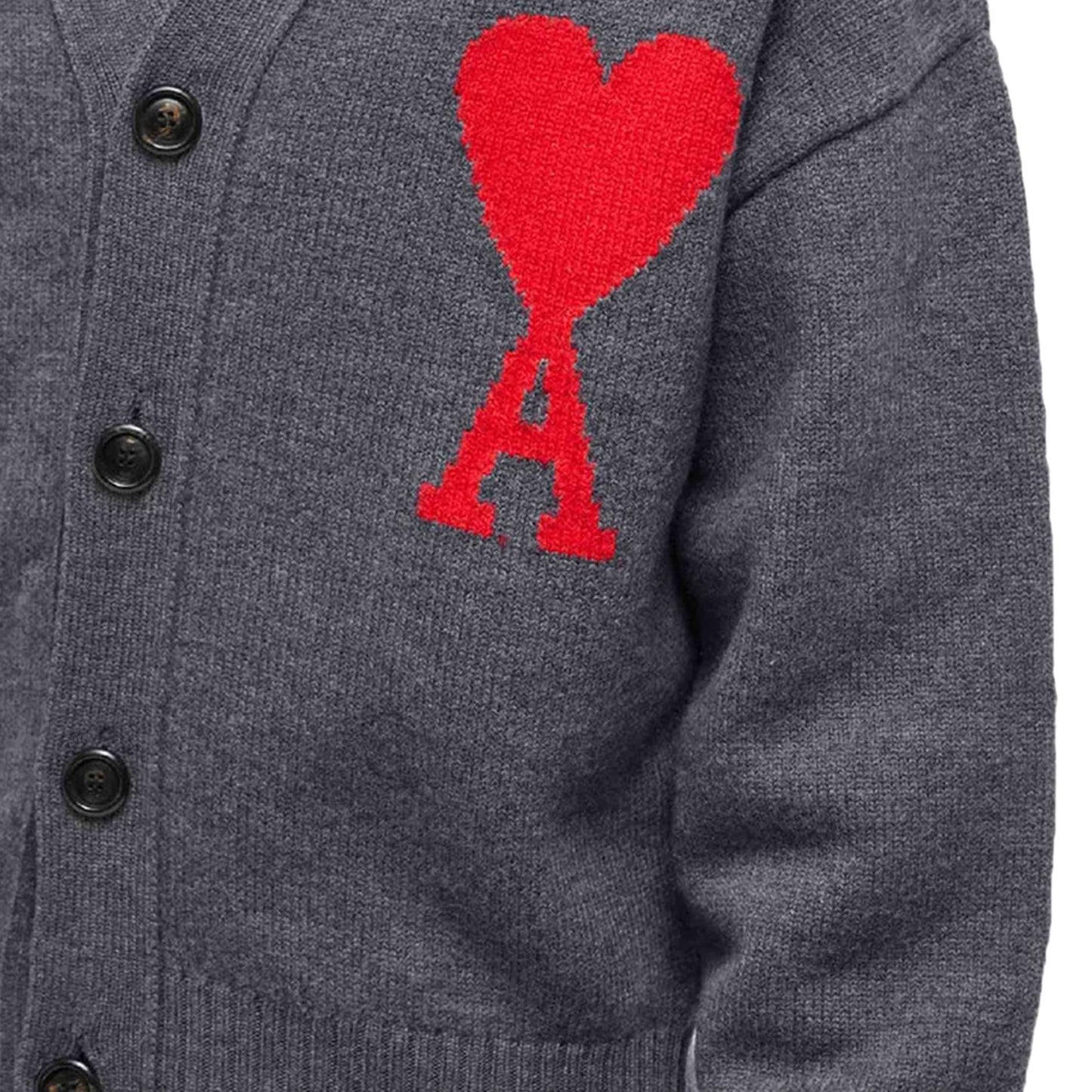 Ami Paris Large Heart Knit Cardigan in Heather Grey/Red