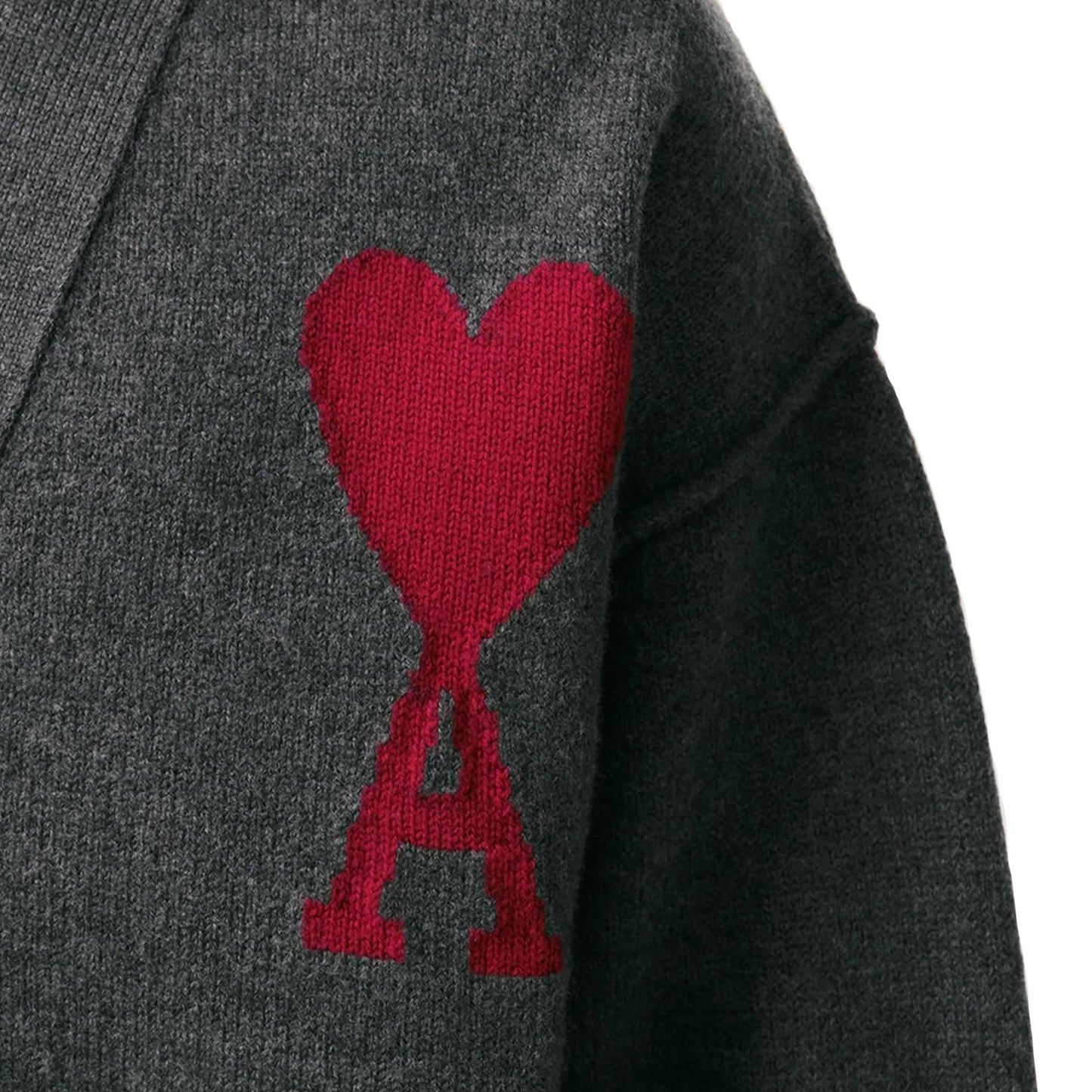 Ami Paris Large Heart Knit Cardigan in Heather Grey/Red