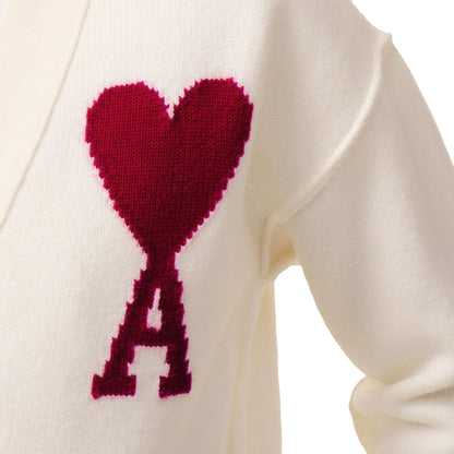 Ami Paris Large Heart Knit Cardigan in Off White/Red