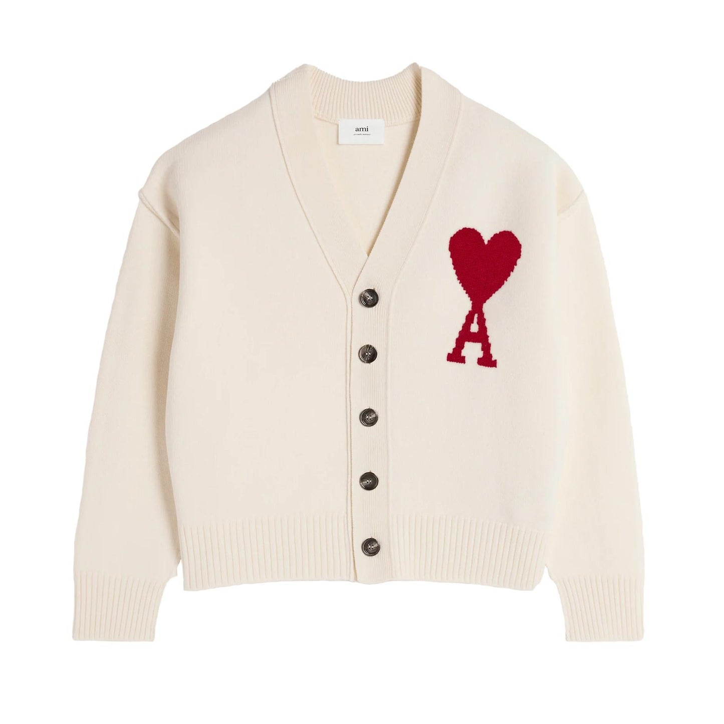 Ami Paris Large Heart Knit Cardigan in Off White/Red