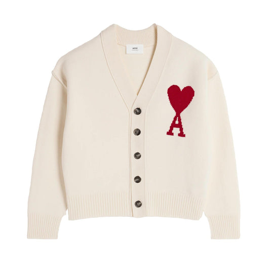 Ami Paris Large Heart Knit Cardigan in Off White/Red