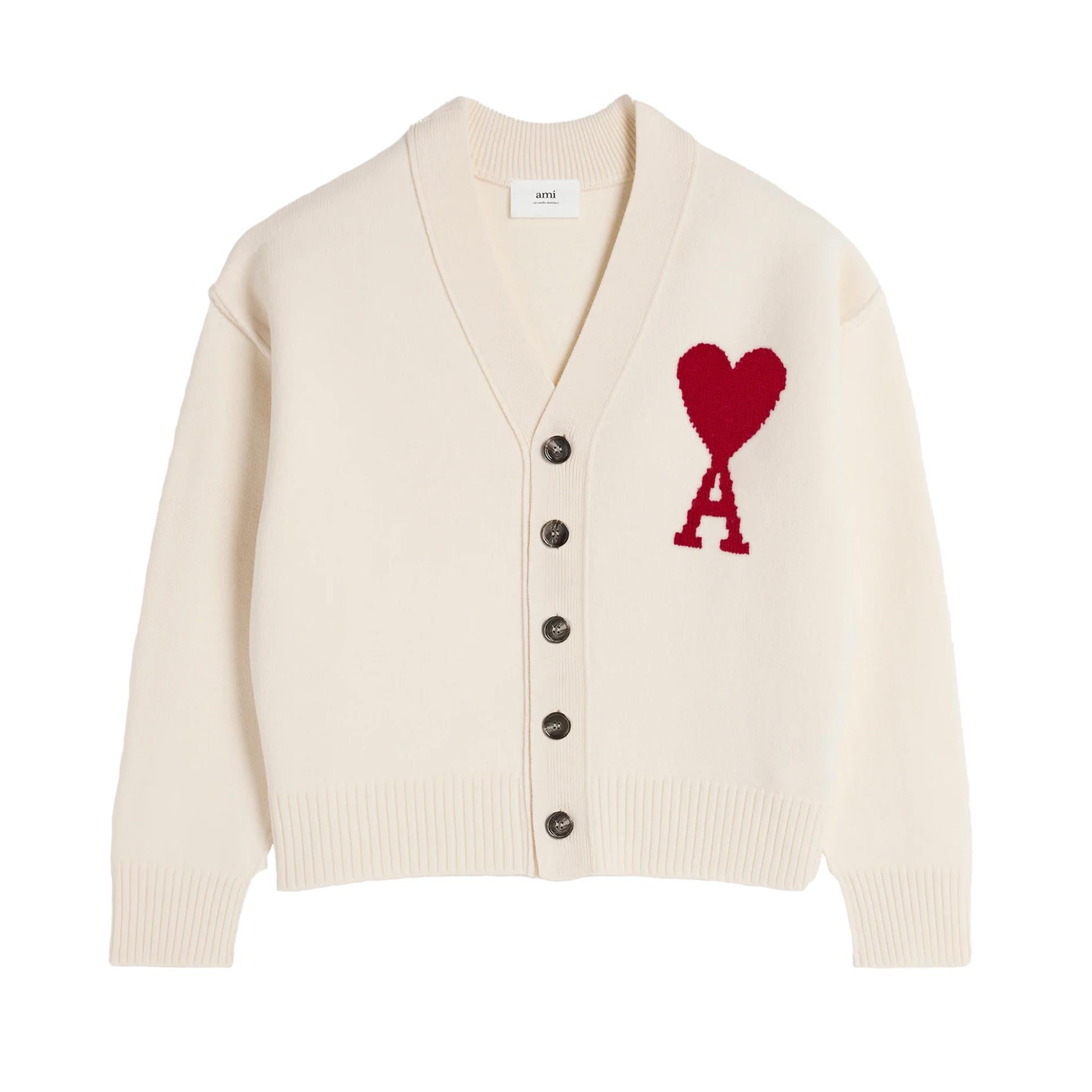 Ami Paris Large Heart Knit Cardigan in Off White/Red
