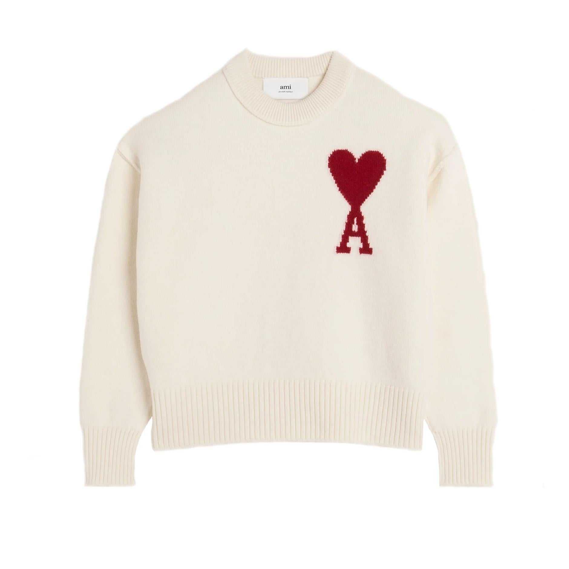 Ami Paris Large Heart Knit Sweater in Off White/Red