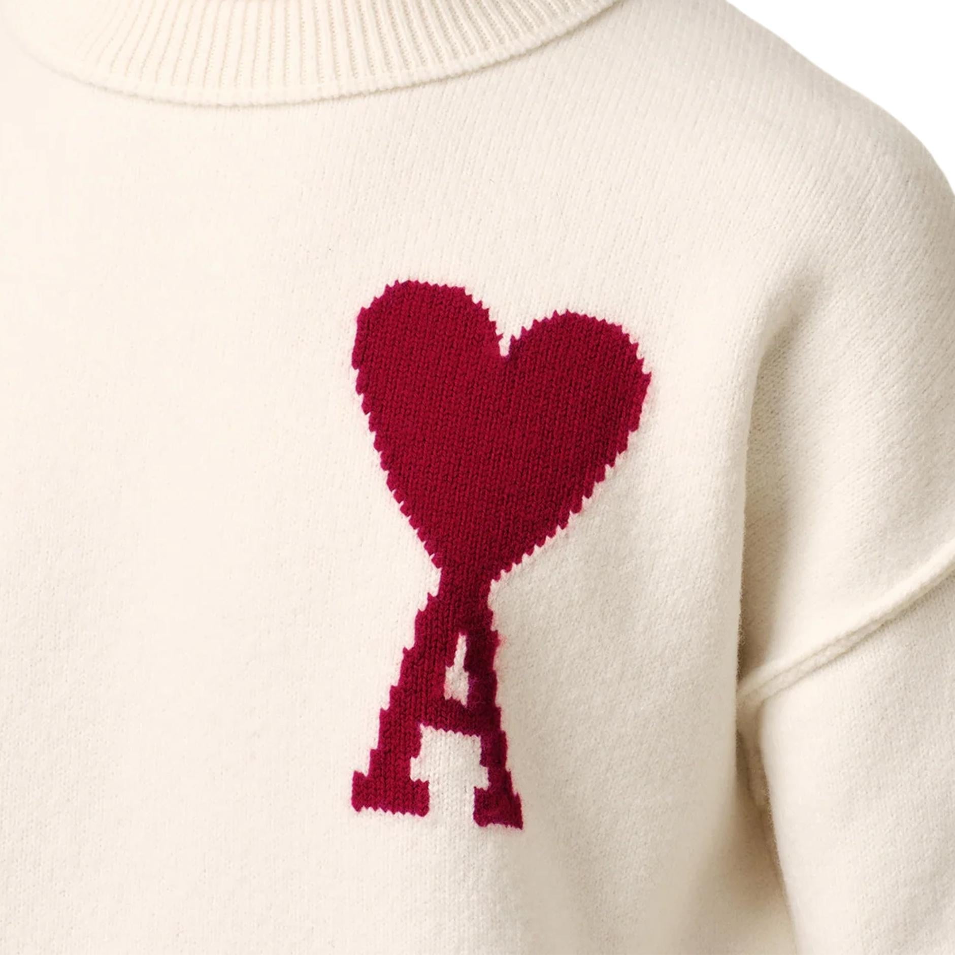 Ami Paris Large Heart Knit Sweater in Off White/Red