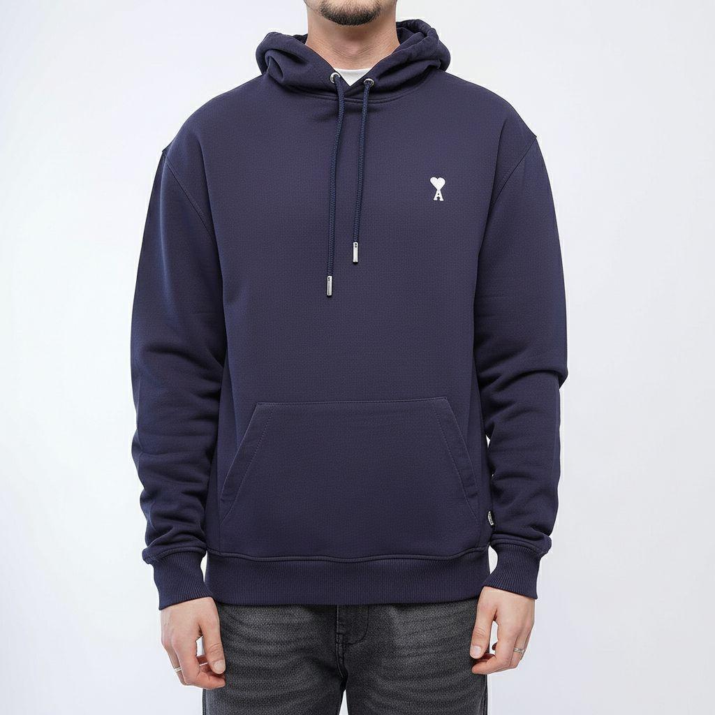 [Ami Paris] Loopback Cotton Hoodie in Night Blue / White HeartHoodies & Zip - UpsAmi ParisDPUS Designer Outlet3666598533442XS[Ami Paris] Loopback Cotton Hoodie in Night Blue / White Heart