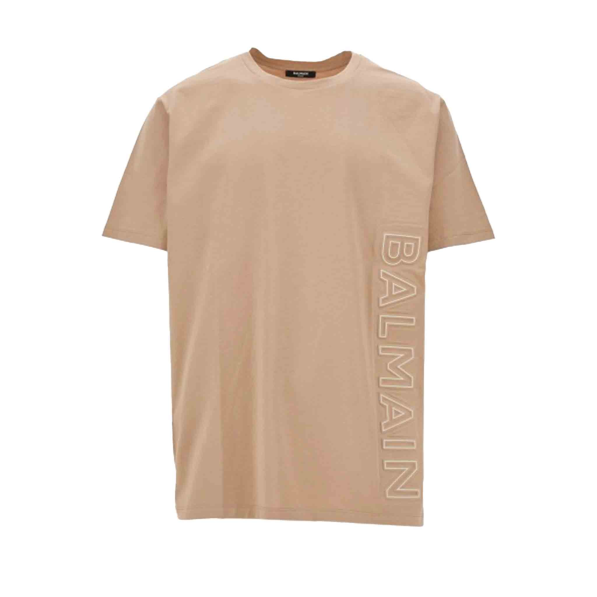 Balmain Logo Embossed T-Shirt in BeigeT-ShirtsBalmainDPUSSBalmain Logo Embossed T-Shirt in Beige