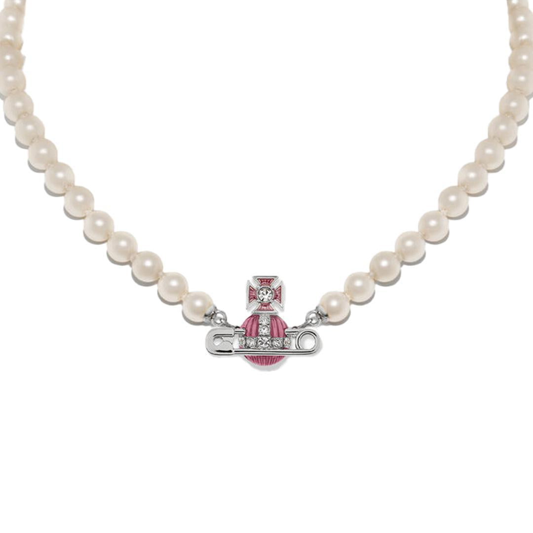 [Vivienne Westwood] Kitty Pearl Necklace in Platinum / White Crystal