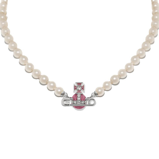 [Vivienne Westwood] Kitty Pearl Necklace in Platinum / White Crystal