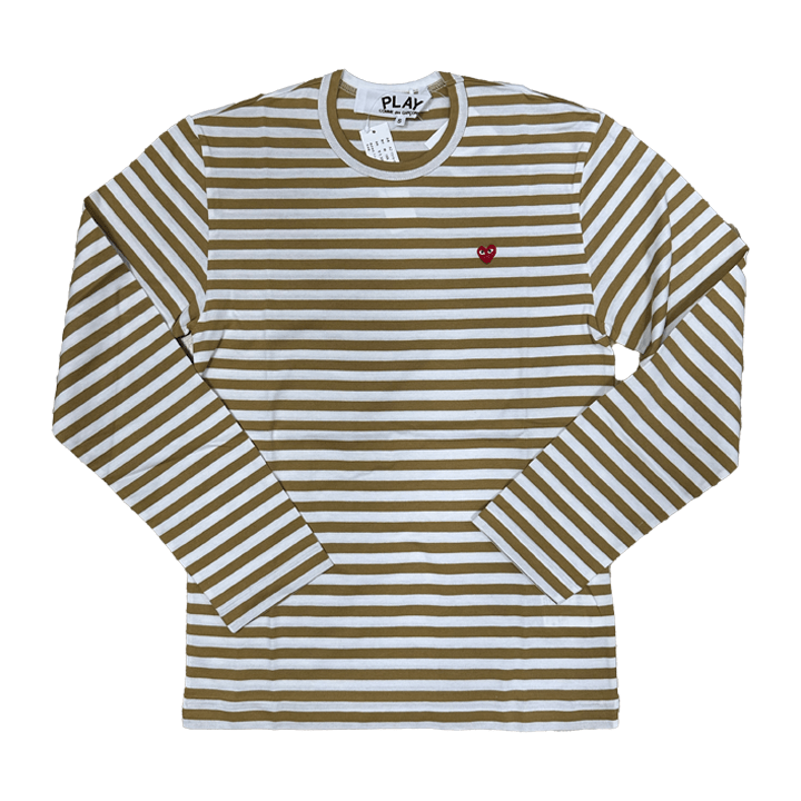 Comme des Garçons PLAY Little Red Heart Long Sleeve Striped T-Shirt in OliveT-ShirtsComme des GarconsDPUS Designer OutletAZT21805152SComme des Garçons PLAY Little Red Heart Long Sleeve Striped T-Shirt in Olive