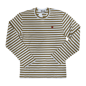 Comme des Garçons PLAY Little Red Heart Long Sleeve Striped T-Shirt in OliveT-ShirtsComme des GarconsDPUS Designer OutletAZT21805152SComme des Garçons PLAY Little Red Heart Long Sleeve Striped T-Shirt in Olive