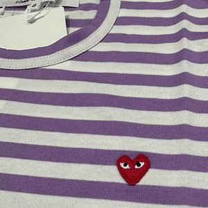 Comme des Garçons PLAY Little Red Heart Long Sleeve Striped T-Shirt in PurpleT-ShirtsComme des GarconsDPUS Designer OutletAZT21805142SComme des Garçons PLAY Little Red Heart Long Sleeve Striped T-Shirt in Purple
